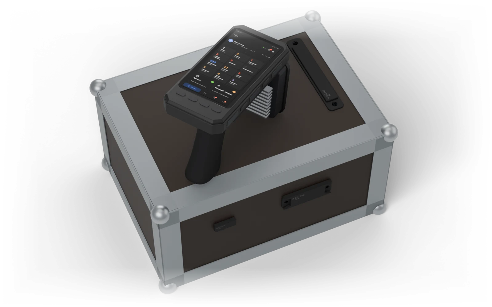 Golova Scout terminalas su programėle GOLOVA Terminal ir Core bei Max žymos ant transportavimo dėžės